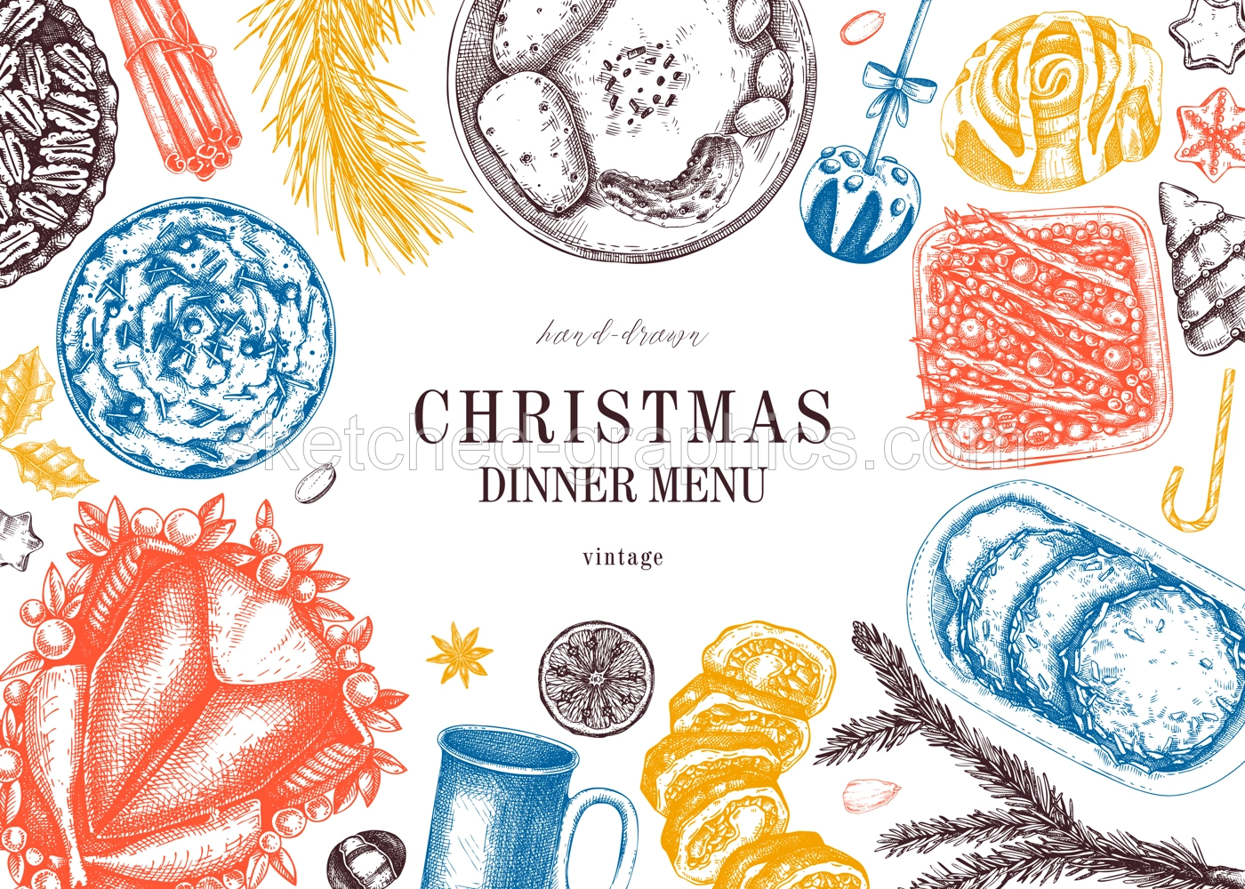 Christmas food background. Family dinner. Winter holiday menu. Traditional food design elements. Food and drink sketches set. Hand drawn vector illustration. Vintage banner template Illustration